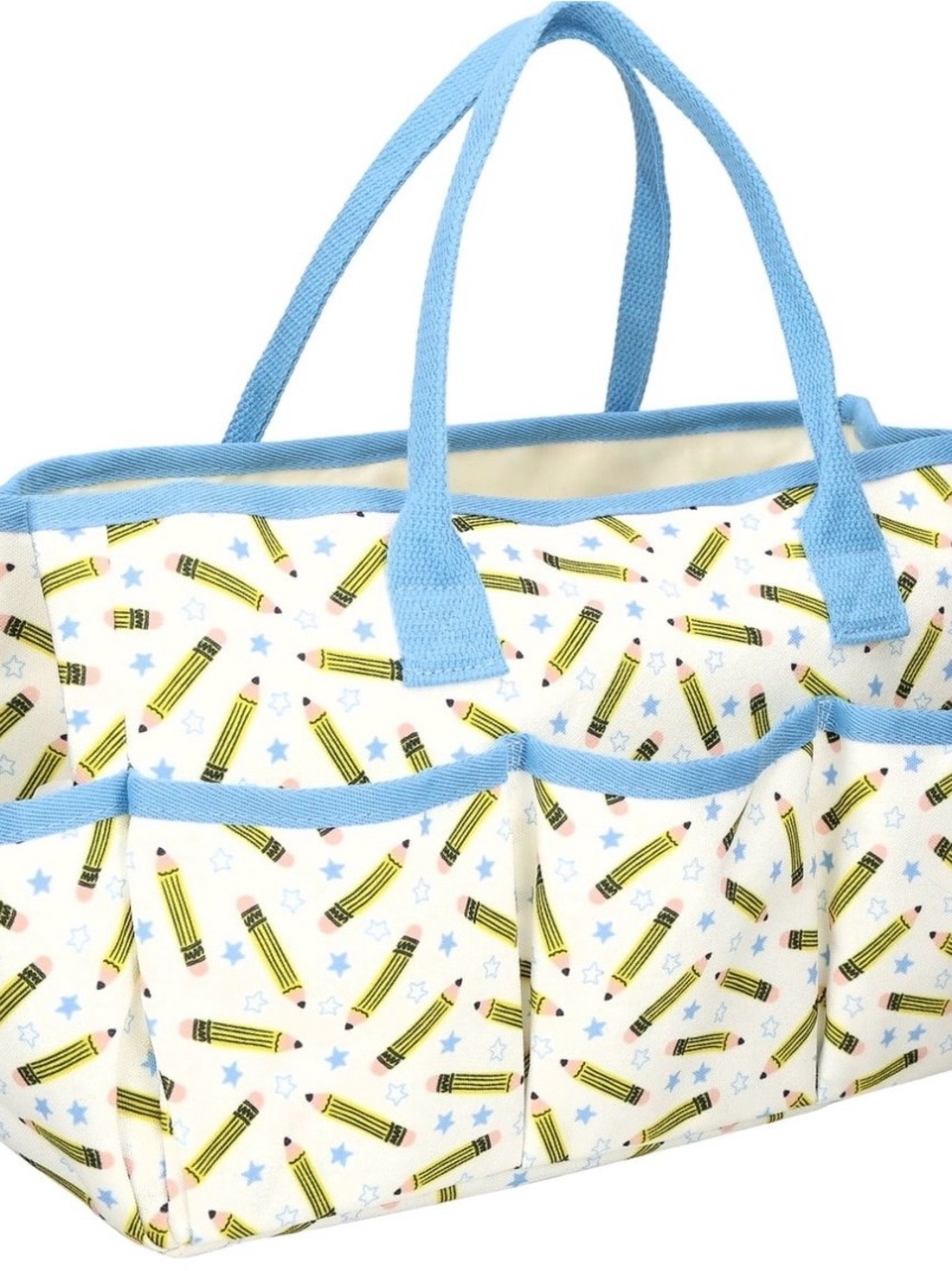 Blue-Trim Canvas Tote Bag with Pencil Print